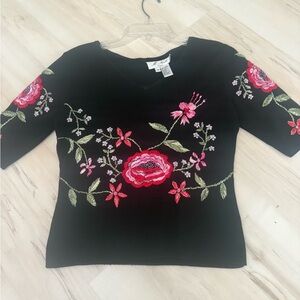 M Nicole Black Top with Pink Floral Embroidery
